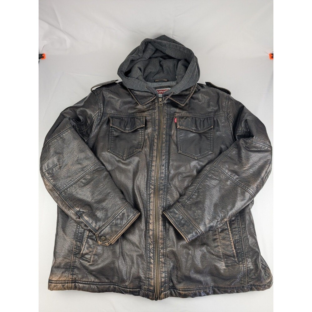 Mens XXL Levi's Faux Leather Lined Trucker Jacket Coat Hooded Dark Brown